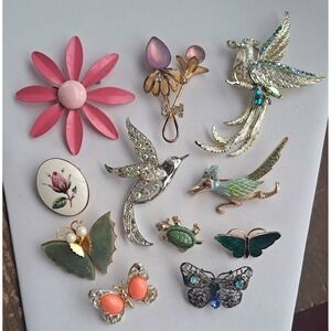 Vintage Rhinestone Brooch Lot Birds Butterflies n Enamel Flower
